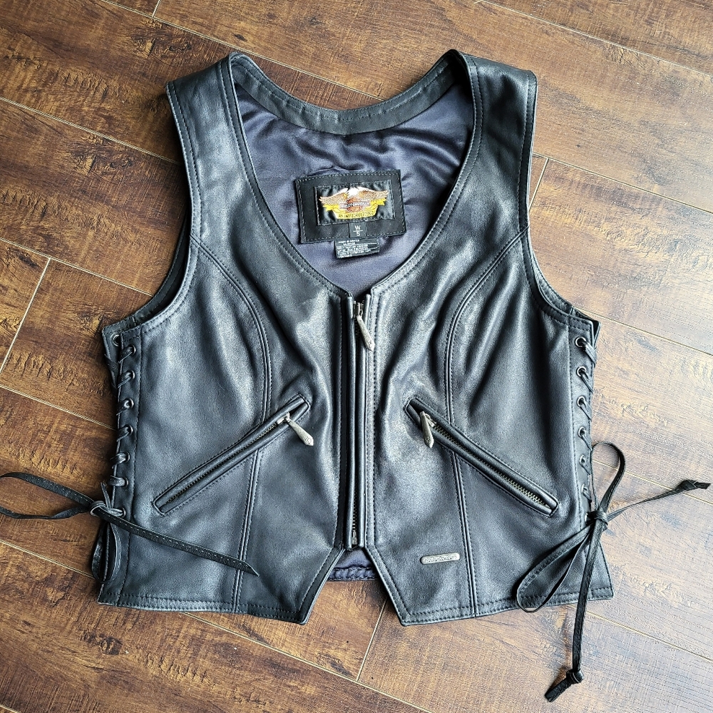 Womens leather Vest w corset sides Harley Davidson